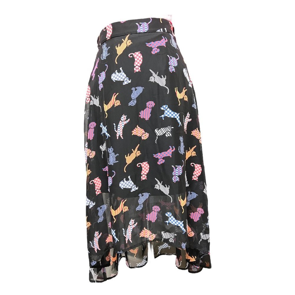 Black dog and cat print high low skirt